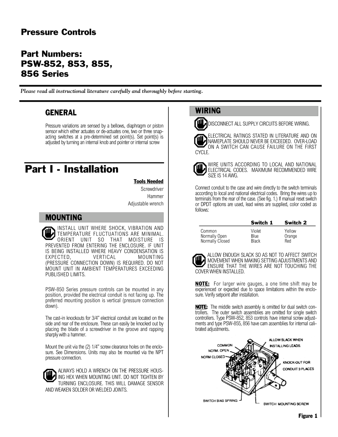 Omega PSW-850 manual Part I Installation, General, Mounting, Wiring, Switch 