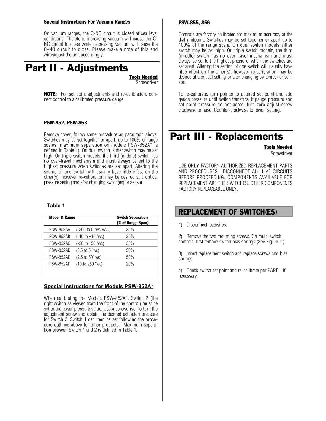 Omega PSW-850 manual Part II Adjustments, Part III Replacements, Replacement of Switches 