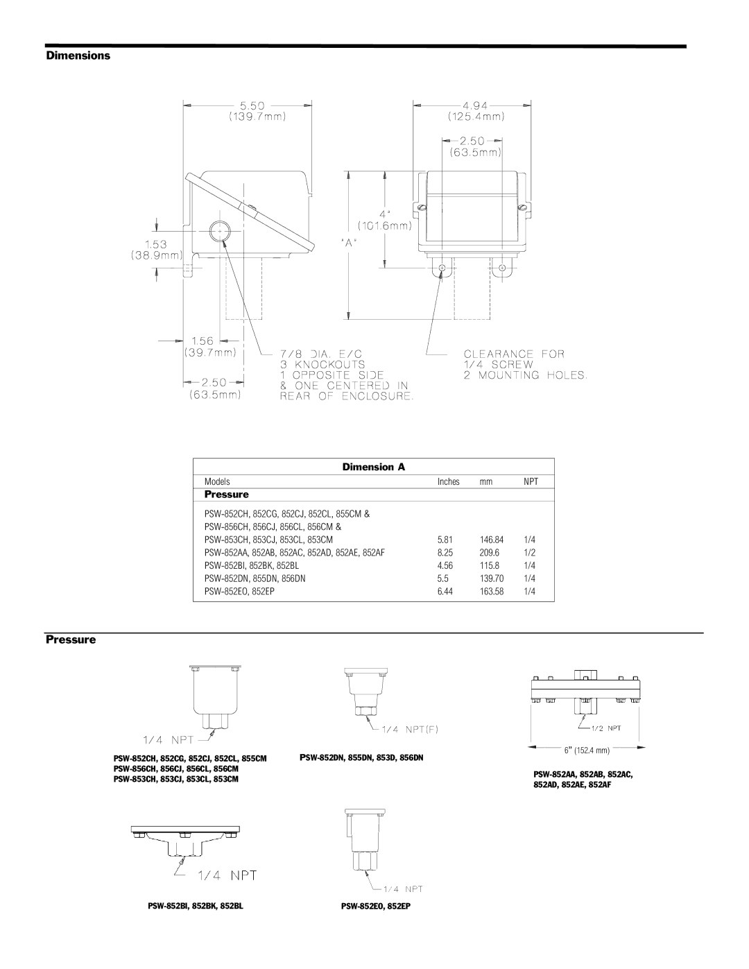 Omega PSW-850 manual Dimensions, Pressure 