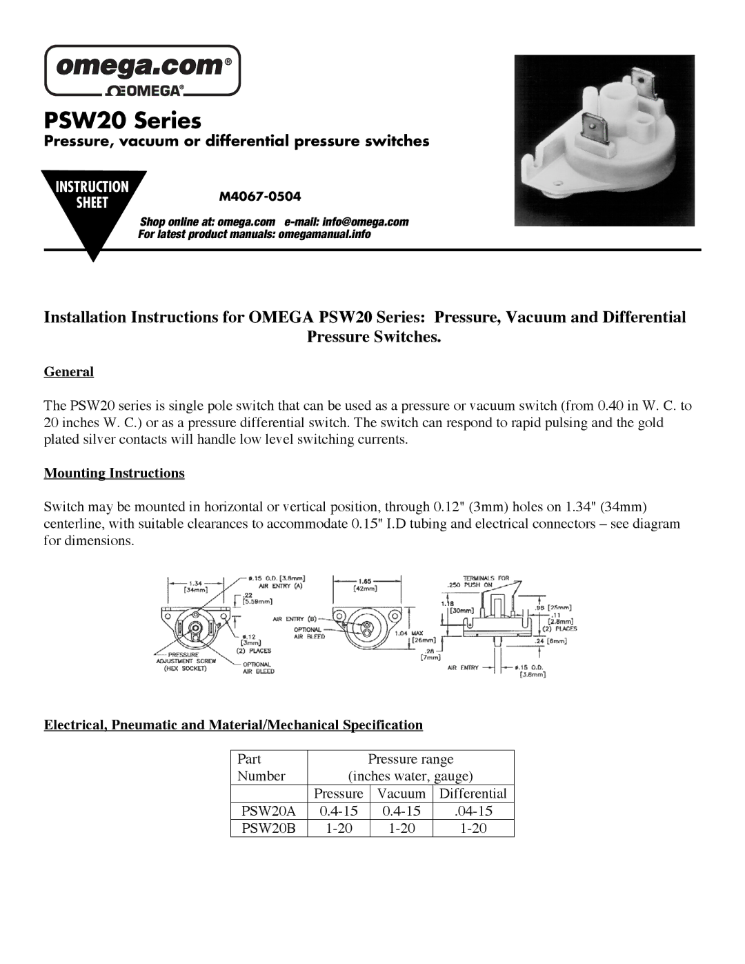 Omega installation instructions General, Mounting Instructions, PSW20A, PSW20B 