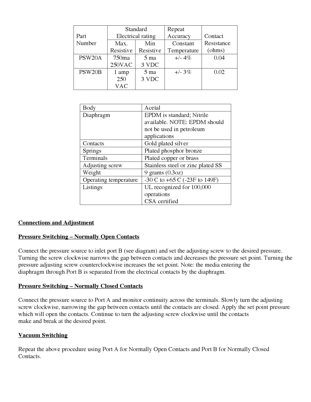 Omega installation instructions VDC PSW20B, Vdc Vac, Pressure Switching Normally Closed Contacts, Vacuum Switching 