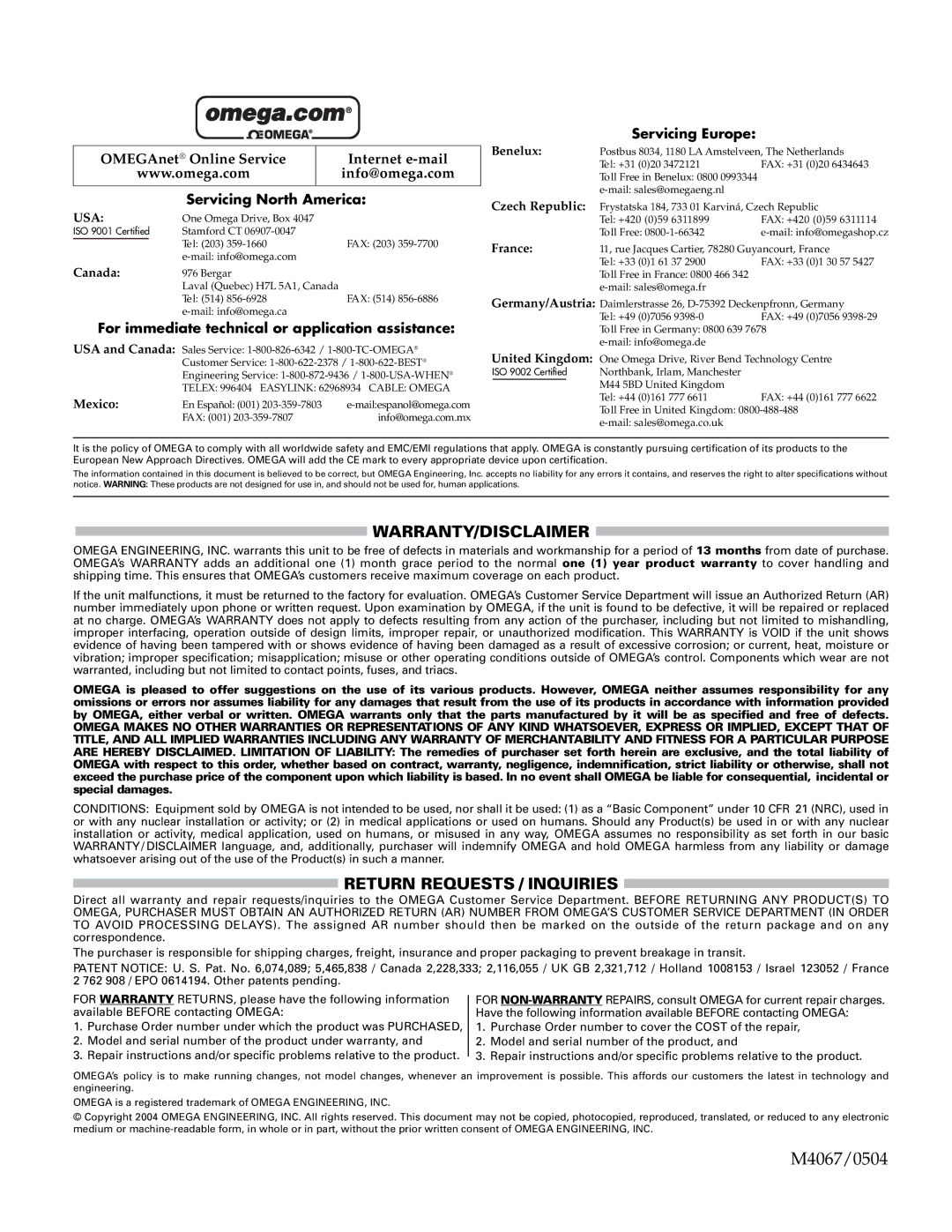 Omega PSW20 installation instructions M4067/0504 