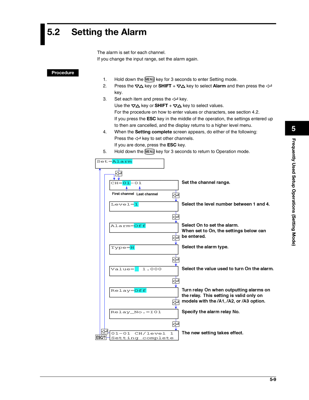 Omega RD100B manual Setting the Alarm, Frequently Used Setup Operations Setting Mode 