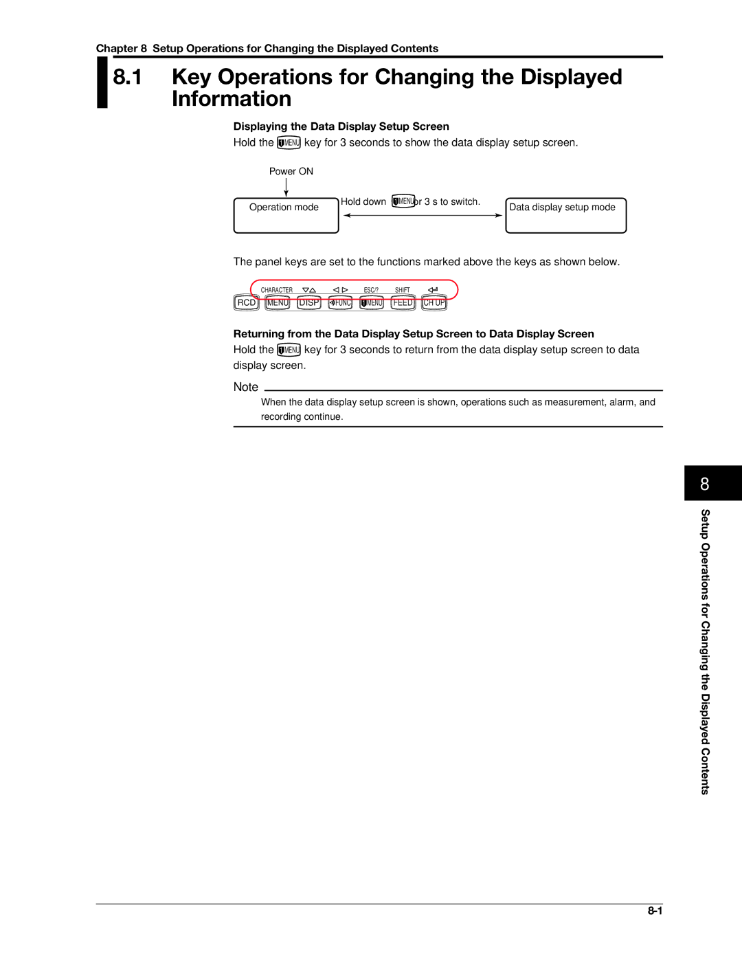 Omega RD100B Key Operations for Changing the Displayed Information, Setup Operations for Changing the Displayed Contents 