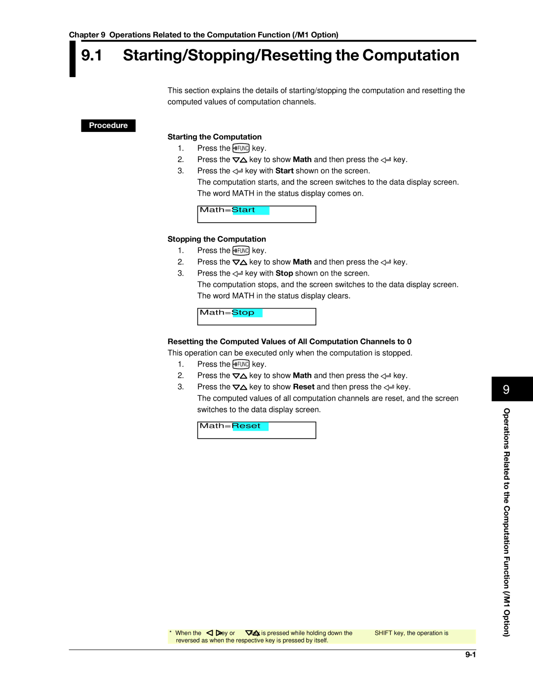 Omega RD100B manual Starting/Stopping/Resetting the Computation, Operations Related to the Computation Function /M1 Option 