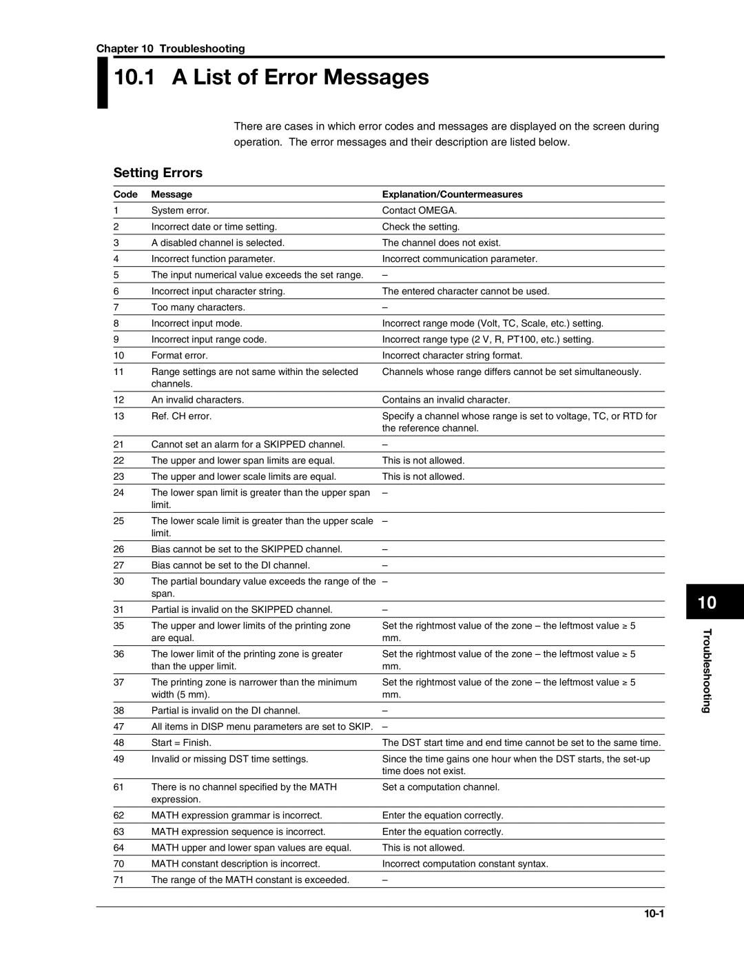 Omega RD100B List of Error Messages, Setting Errors, Troubleshooting 10-1, Code Message Explanation/Countermeasures 