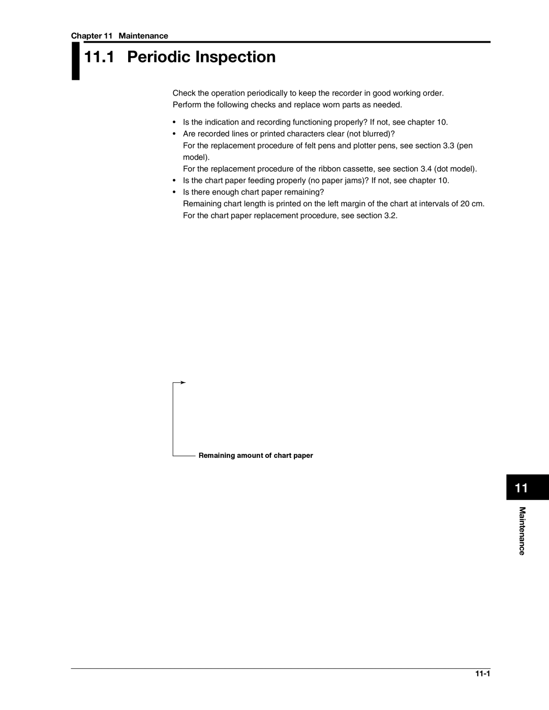 Omega RD100B manual Periodic Inspection, Maintenance 11-1, Remaining amount of chart paper 