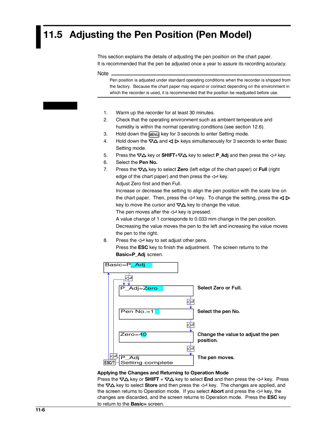 Omega RD100B manual Adjusting the Pen Position Pen Model, Basic=PAdj screen, 11-6 