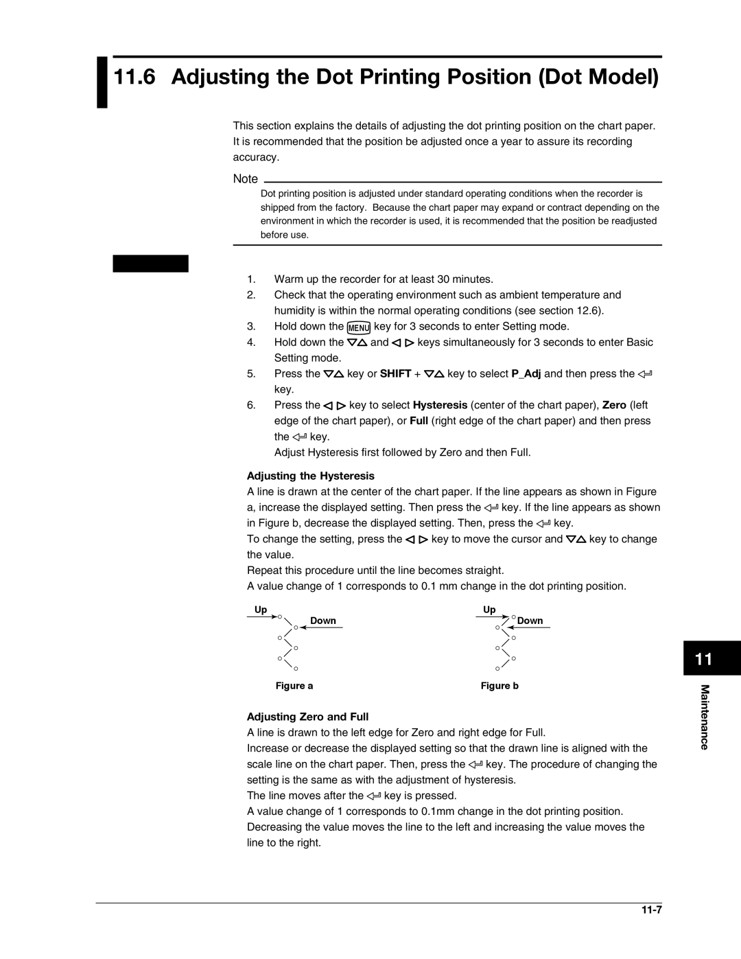 Omega RD100B manual Adjusting the Dot Printing Position Dot Model, Adjusting the Hysteresis, Adjusting Zero and Full, Down 