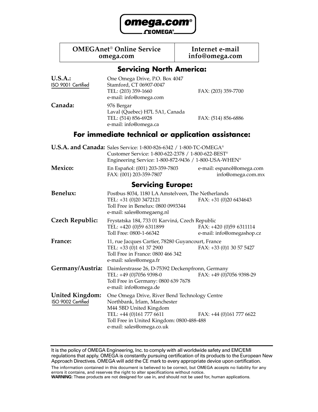 Omega RD100B manual For immediate technical or application assistance 