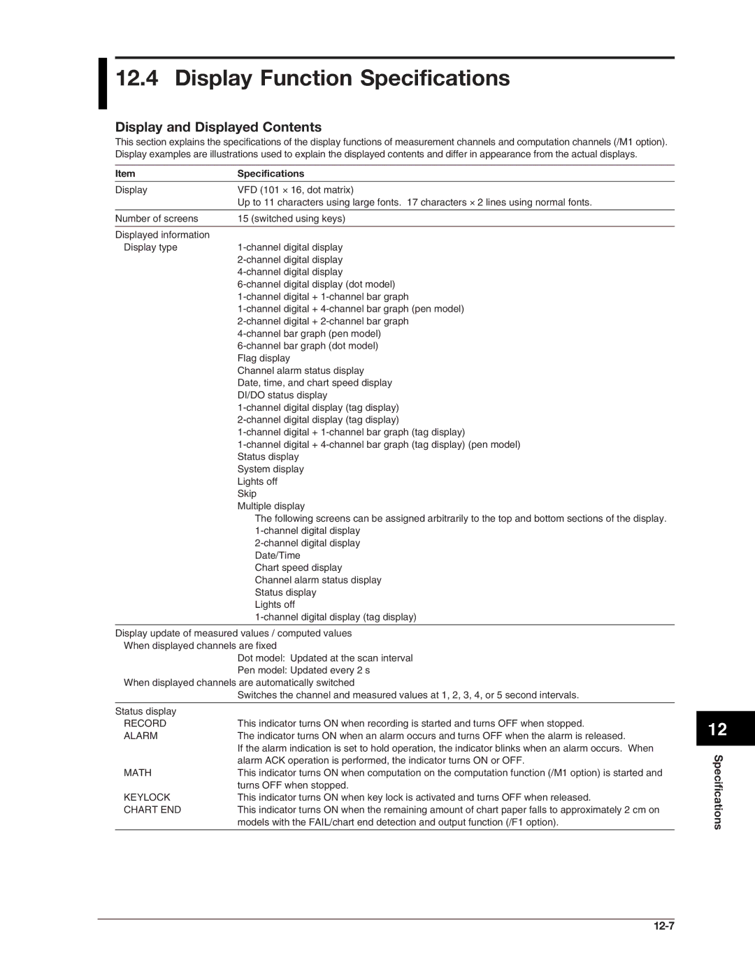 Omega RD100B manual Display Function Specifications, Display and Displayed Contents 