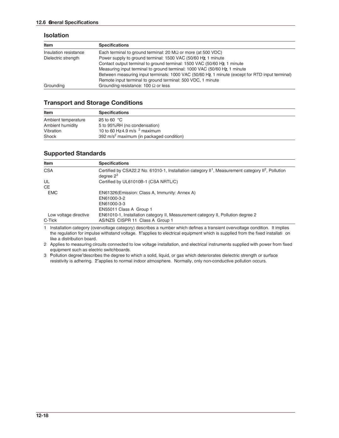 Omega RD100B manual Isolation, Transport and Storage Conditions, Supported Standards, General Specifications, 12-18 