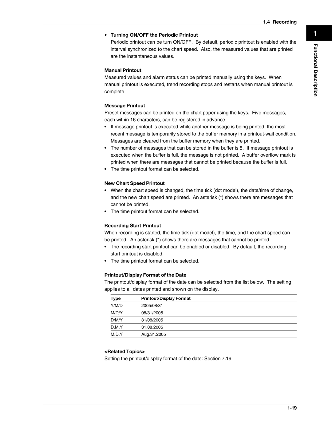 Omega RD100B Recording Turning ON/OFF the Periodic Printout, Manual Printout, Message Printout, New Chart Speed Printout 