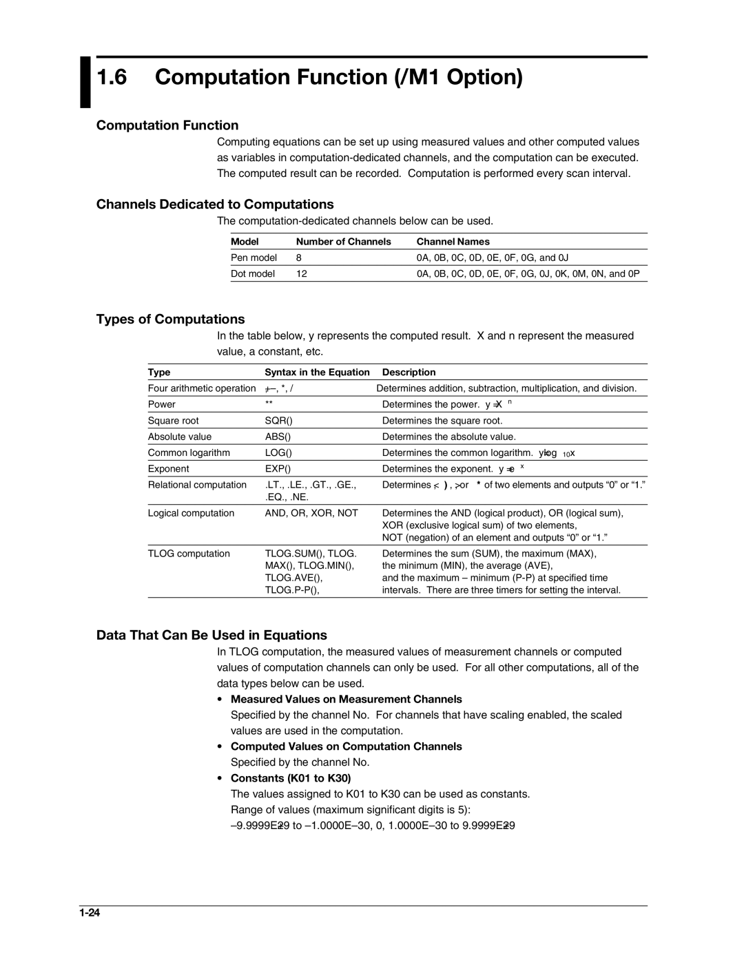 Omega RD100B manual Computation Function /M1 Option, Channels Dedicated to Computations, Types of Computations 