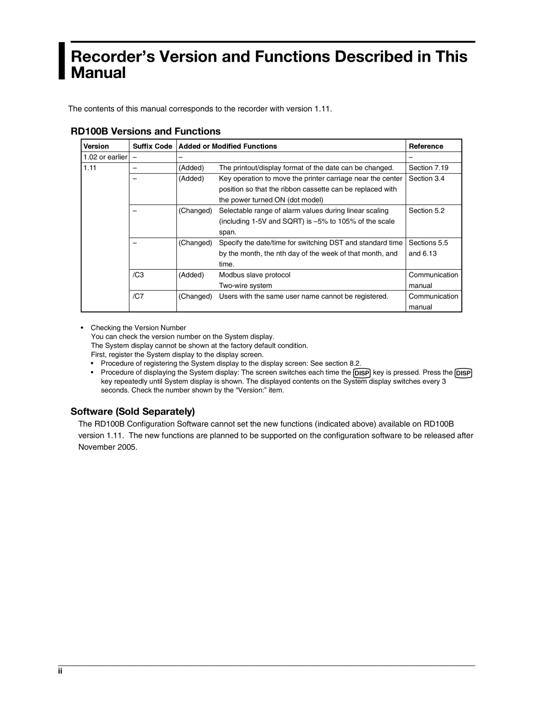 Omega manual Recorder’s Version and Functions Described in This Manual, RD100B Versions and Functions 