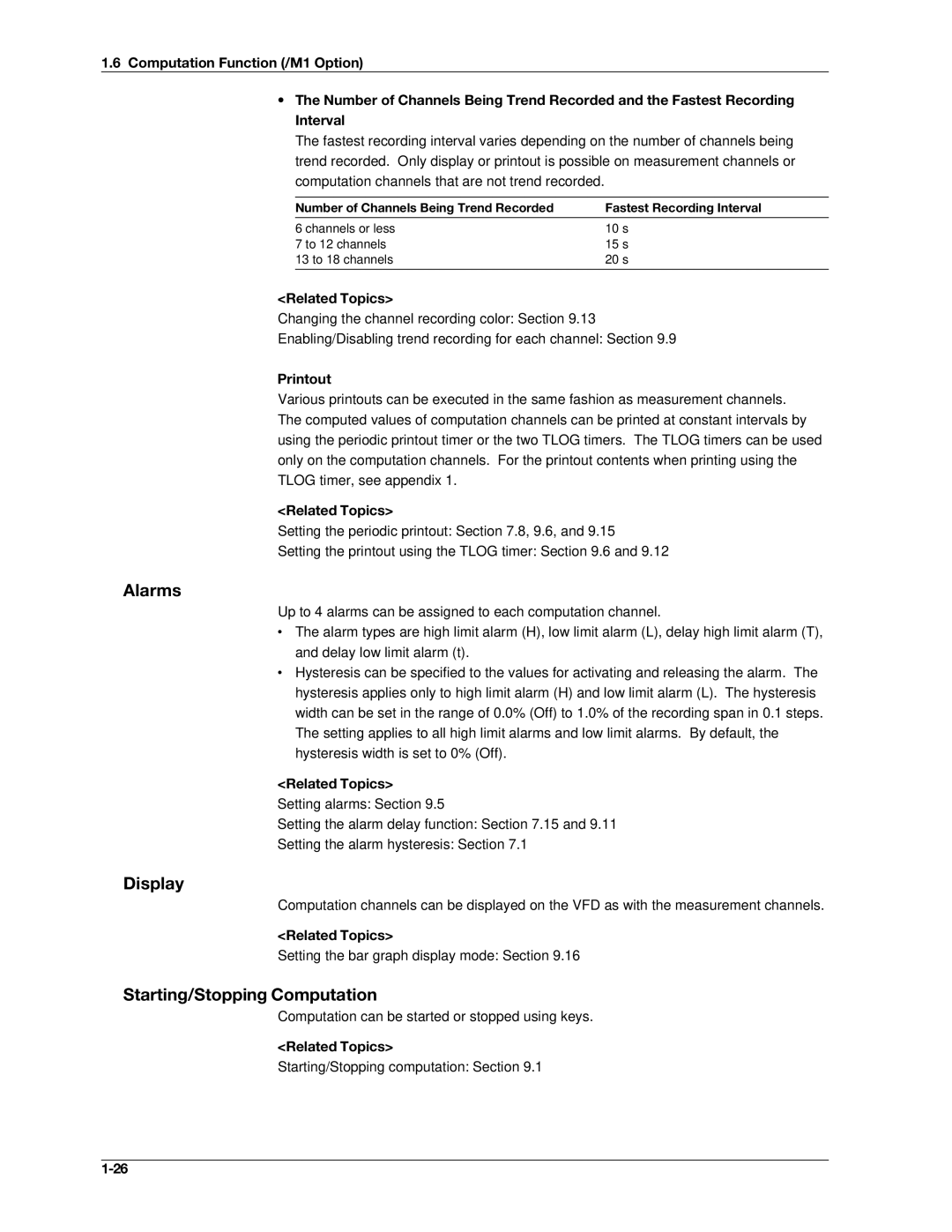 Omega RD100B manual Alarms, Display, Starting/Stopping Computation, Printout 