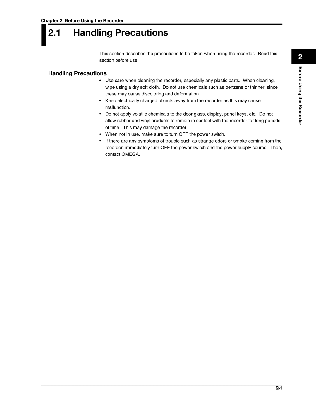 Omega RD100B manual Handling Precautions, Before Using the Recorder 