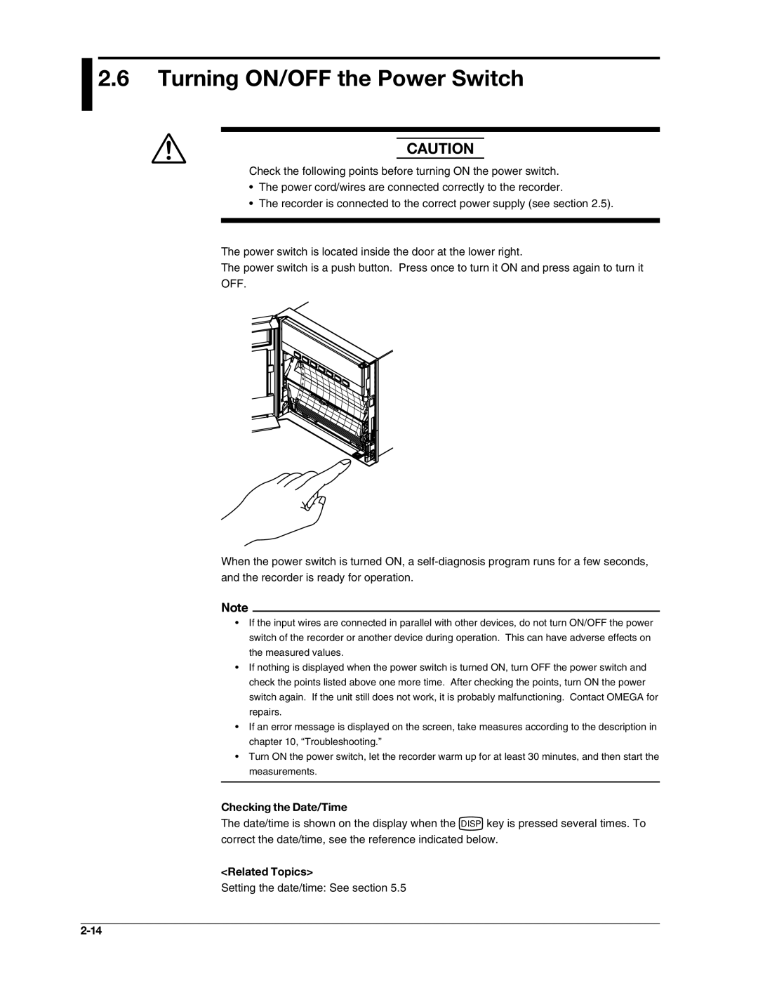 Omega RD100B manual Turning ON/OFF the Power Switch, Checking the Date/Time 