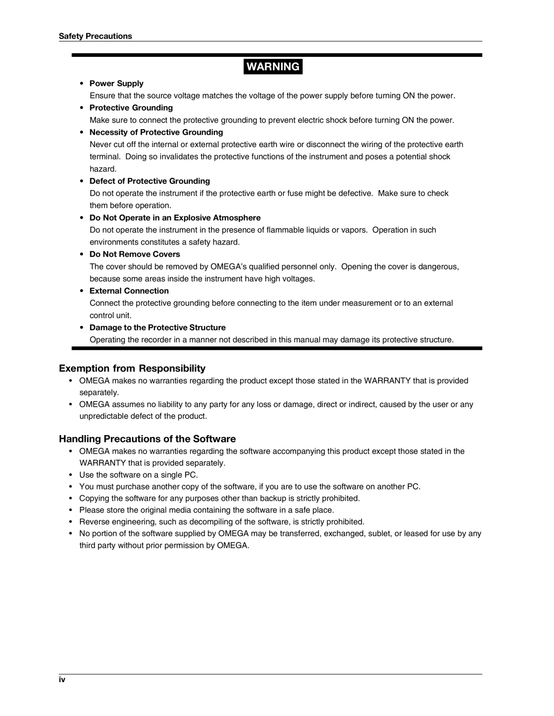 Omega RD100B manual Exemption from Responsibility, Handling Precautions of the Software 