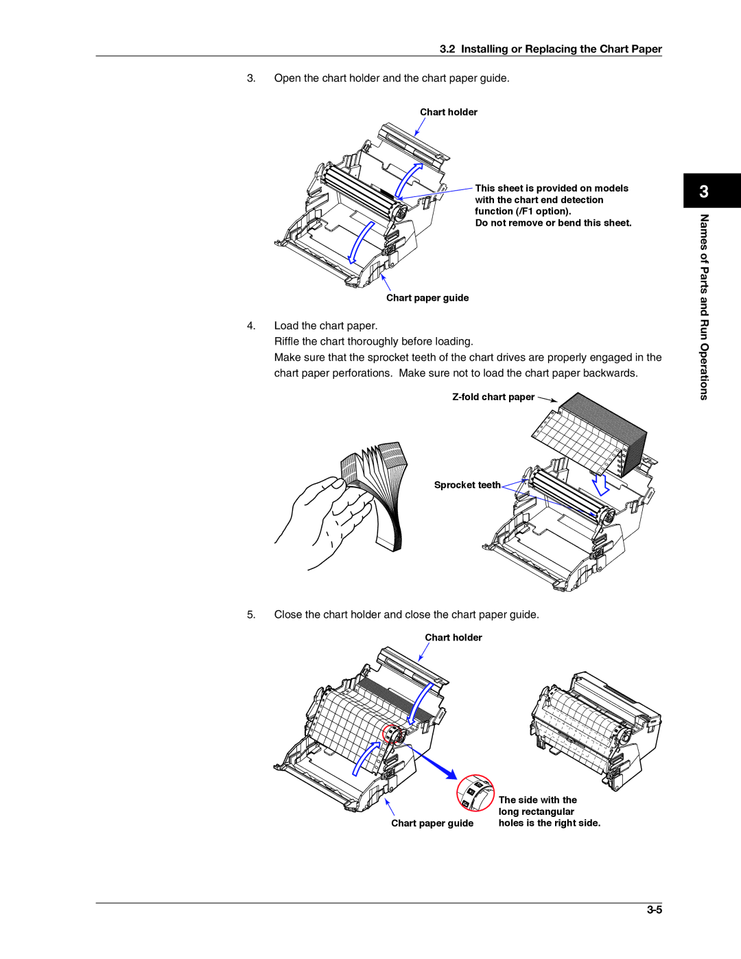 Omega RD100B manual Installing or Replacing the Chart Paper, Fold chart paper Sprocket teeth, Chart holder, Side with 