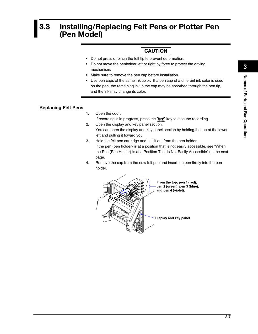 Omega RD100B manual Installing/Replacing Felt Pens or Plotter Pen Pen Model, Display and key panel 