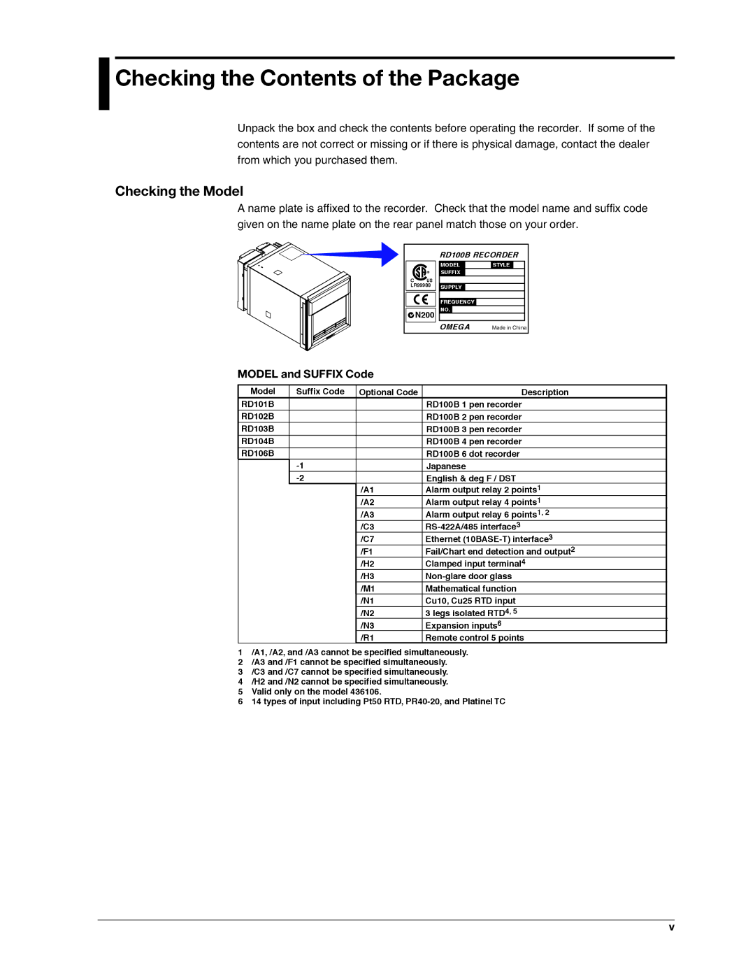 Omega RD100B manual Checking the Contents of the Package 