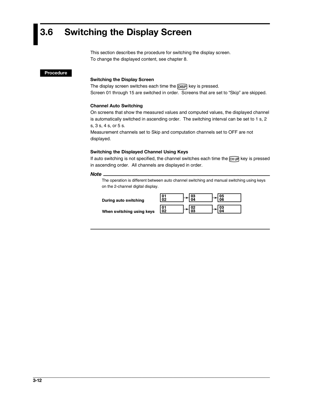 Omega RD100B manual Switching the Display Screen, Channel Auto Switching, Switching the Displayed Channel Using Keys 