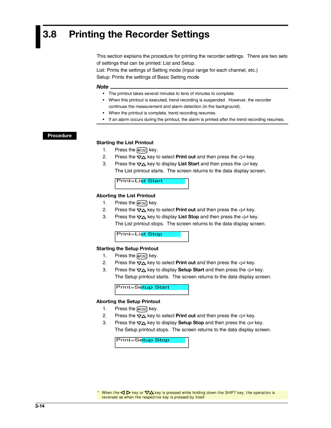 Omega RD100B manual Printing the Recorder Settings, Starting the List Printout, Aborting the List Printout 