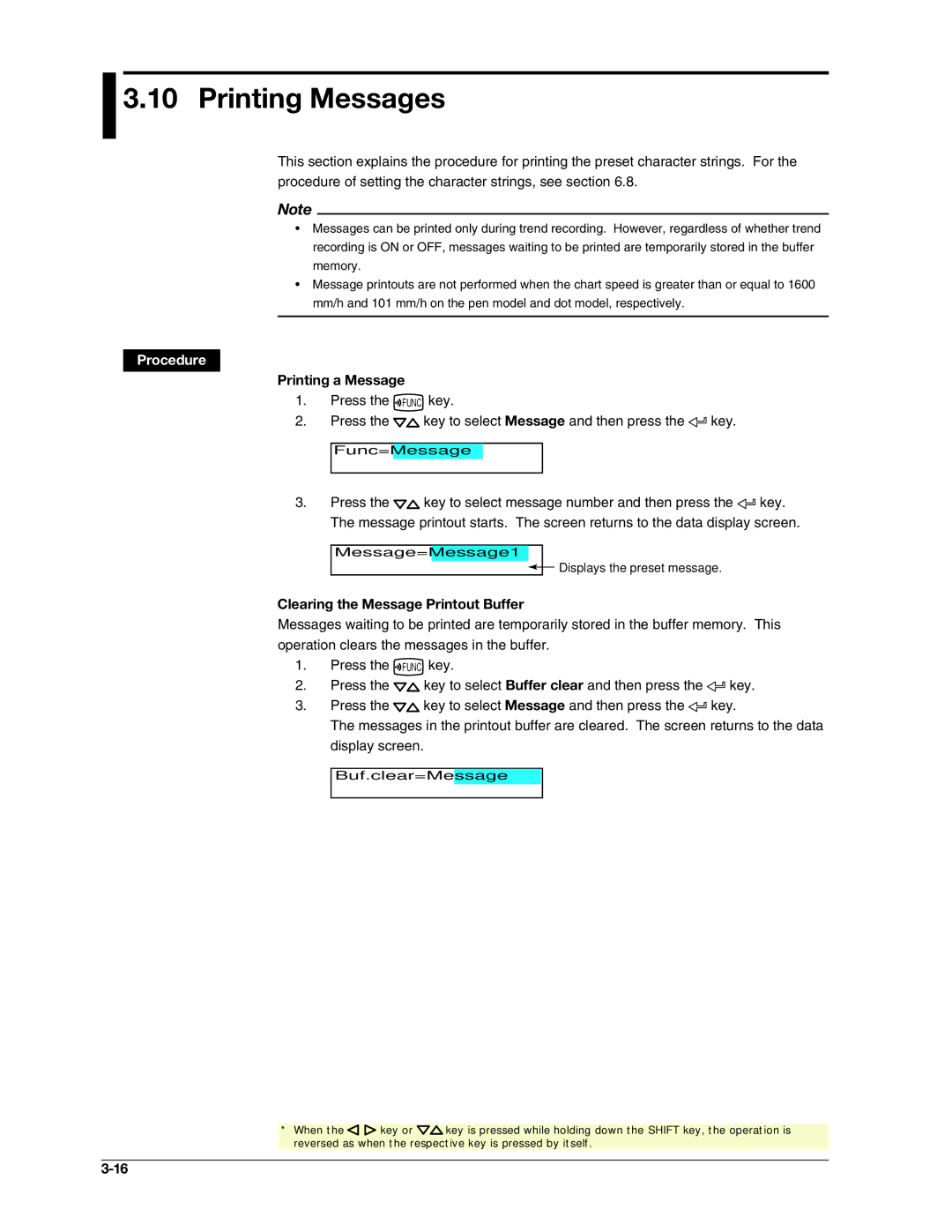 Omega RD100B Printing Messages, Printing a Message, Clearing the Message Printout Buffer, Displays the preset message 