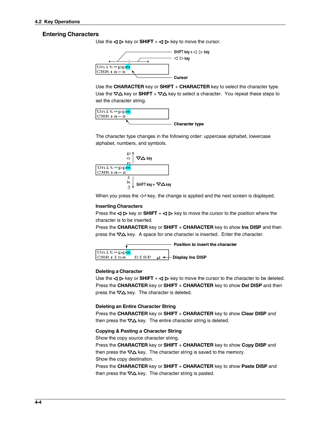 Omega RD100B manual Entering Characters, Inserting Characters, Deleting a Character, Copying & Pasting a Character String 