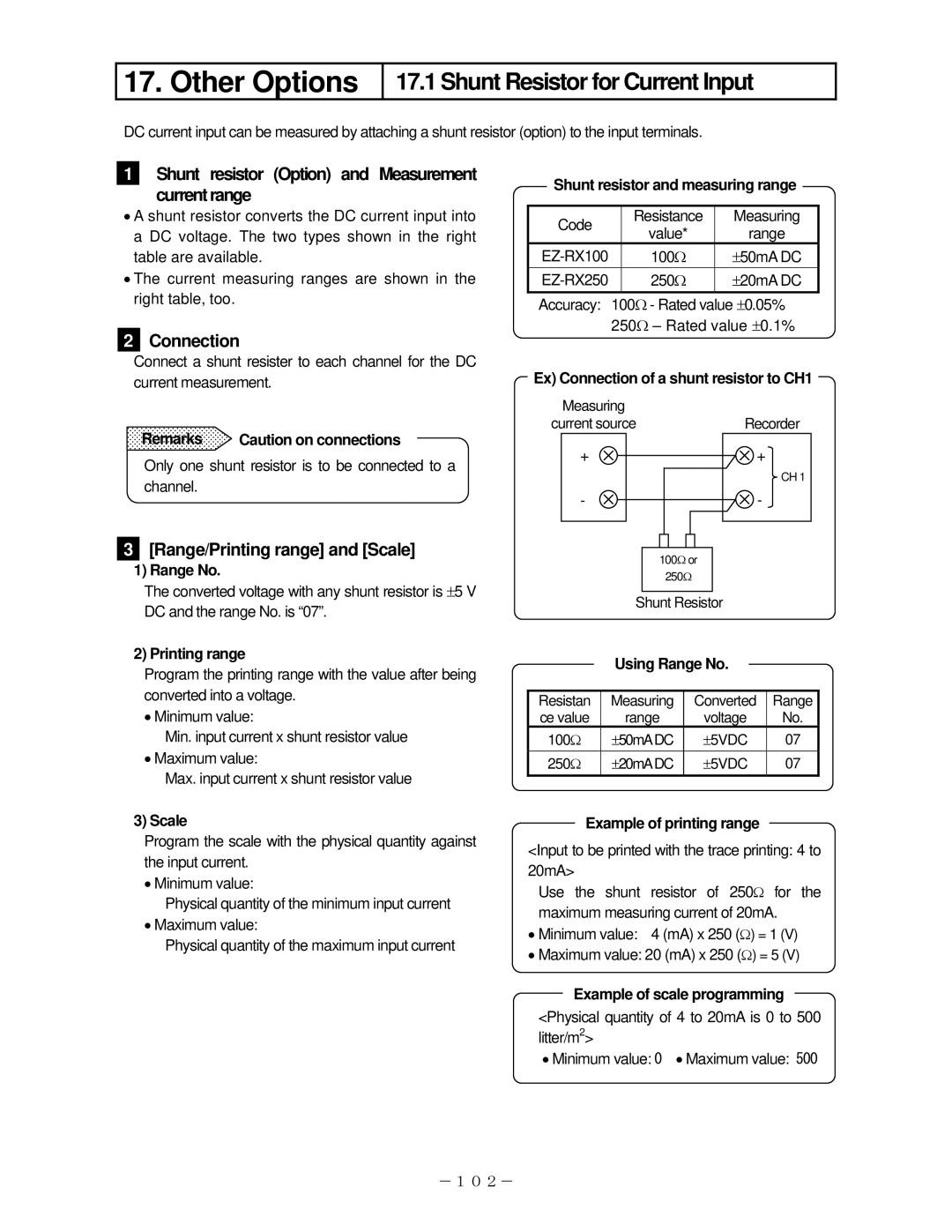 Omega RD200, RD2800 manual Shunt Resistor for Current Input, Shunt resistor Option and Measurement Currentrange, Connection 