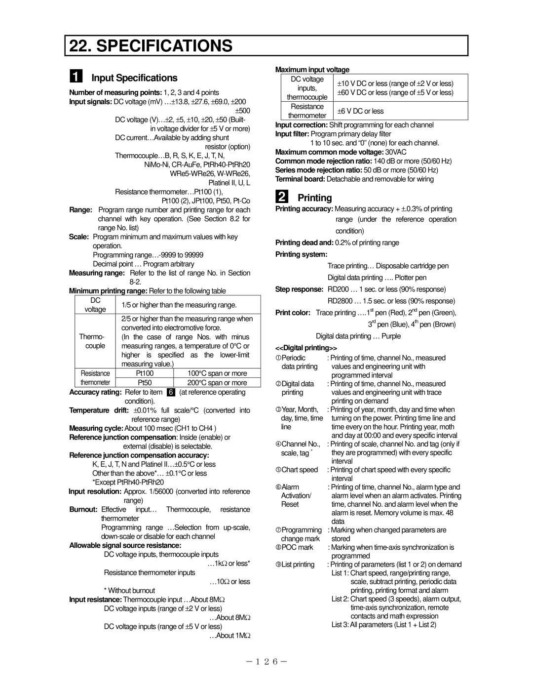 Omega RD200, RD2800 manual Input Specifications, Printing 