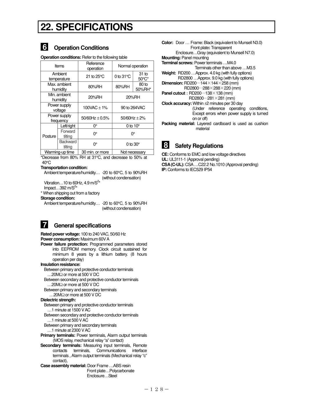 Omega RD200, RD2800 manual General specifications, Safety Regulations 