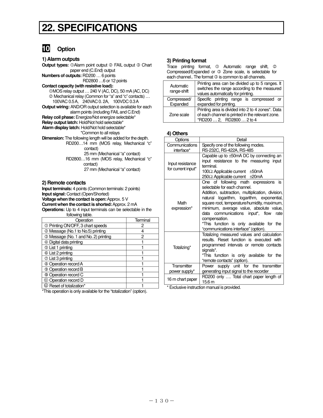 Omega RD200, RD2800 manual Option, Alarm outputs, Remote contacts, Printing format 