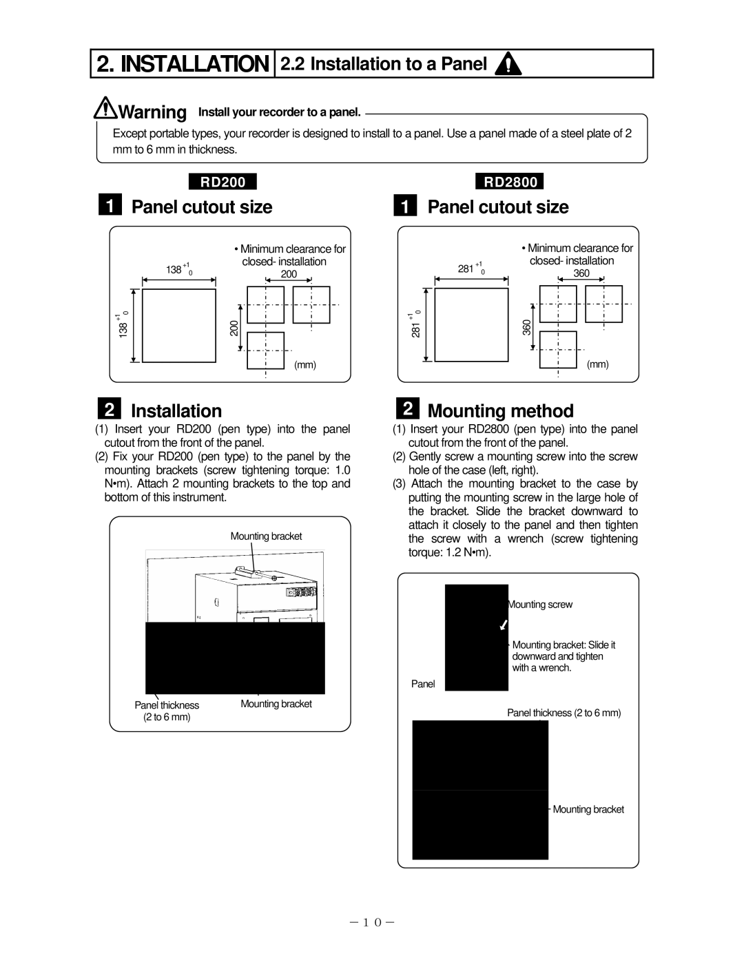 Omega RD200, RD2800 manual Installation to a Panel, Mounting method, Minimum clearance for, Closed- installation 