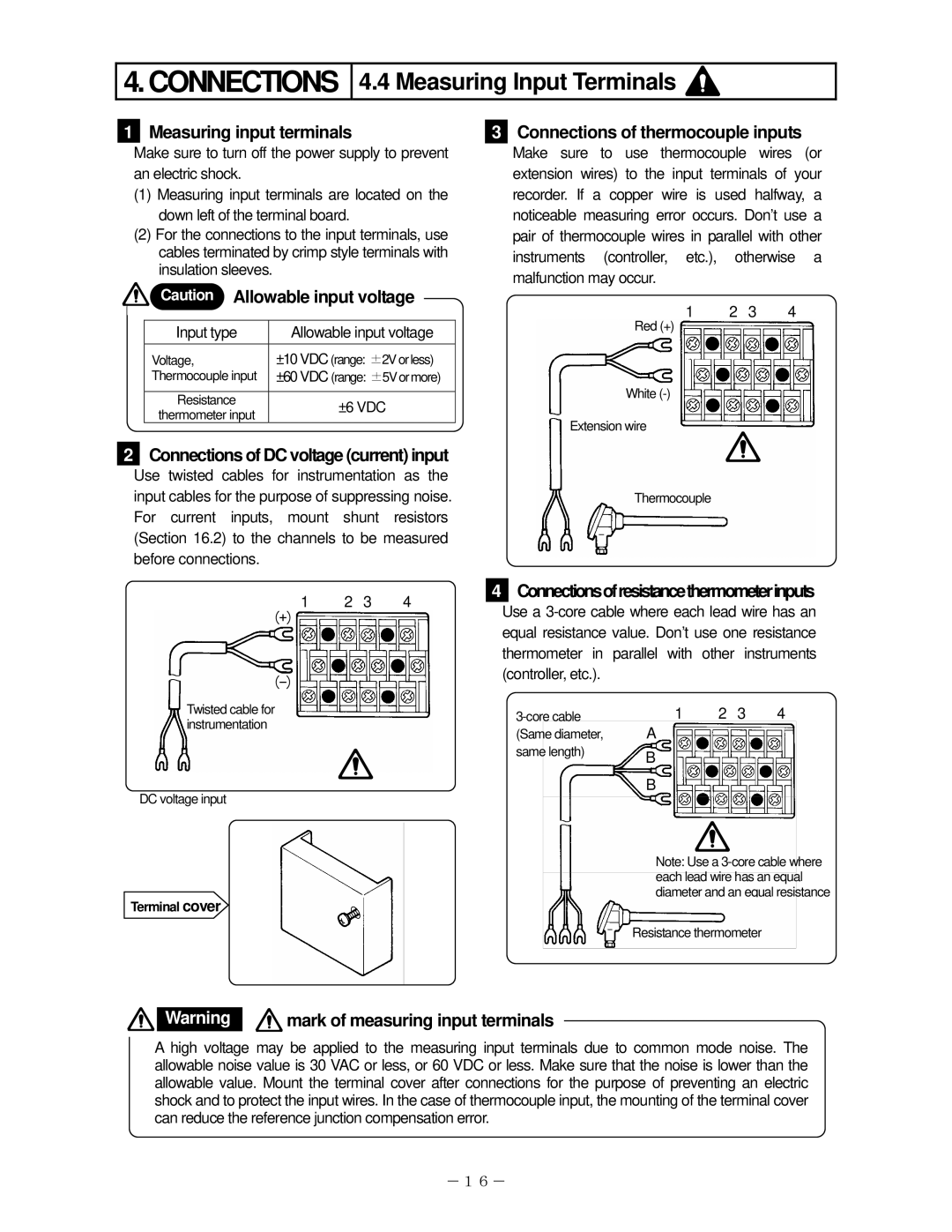 Omega RD200, RD2800 manual Measuring Input Terminals, Measuring input terminals, Connections of thermocouple inputs 