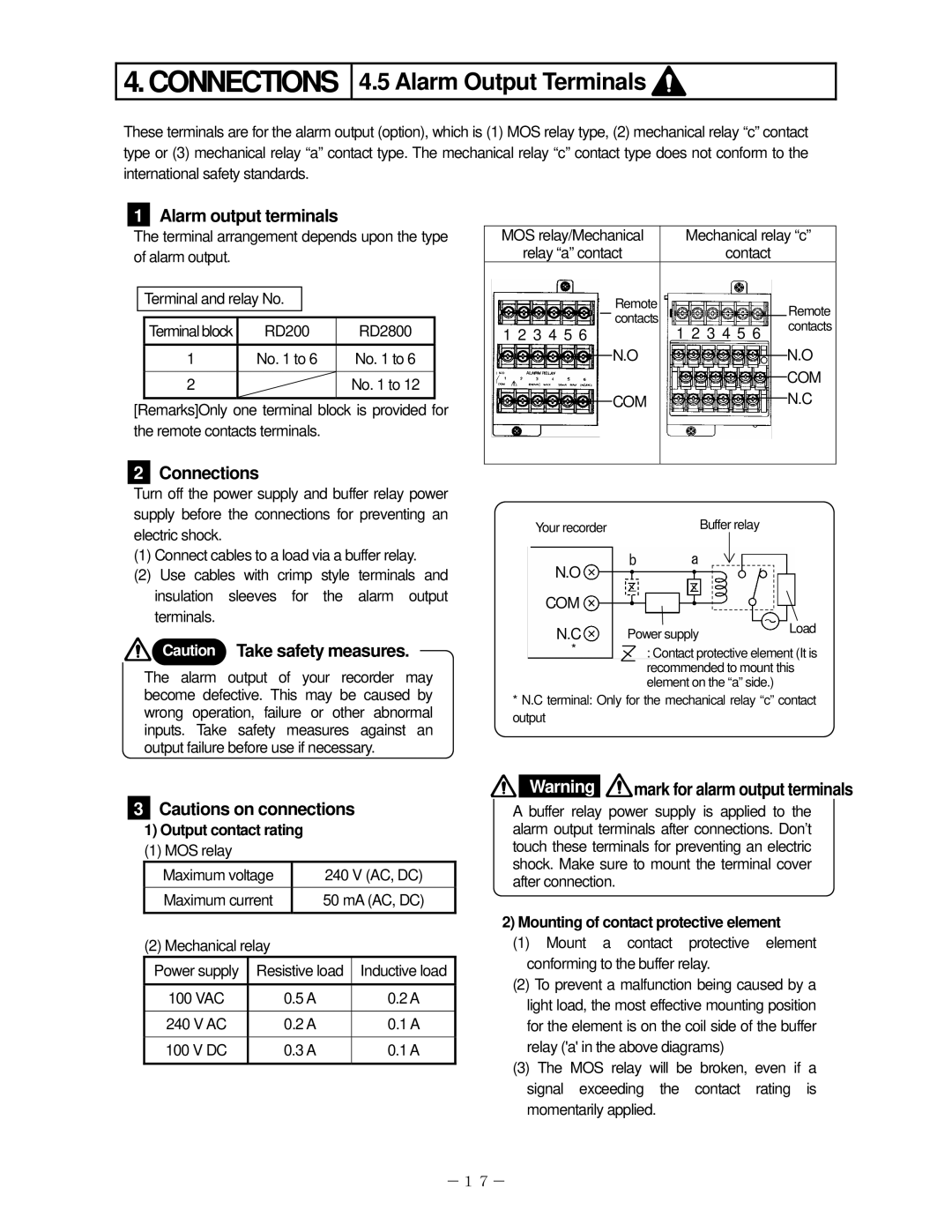 Omega RD2800, RD200 manual Alarm Output Terminals, Alarm output terminals, Connections, Output contact rating 