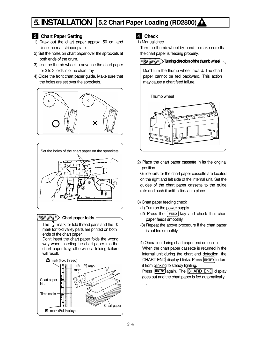 Omega RD200, RD2800 Remarks Turningdirectionofthethumbwheel, Place the chart paper cassette in its the original position 