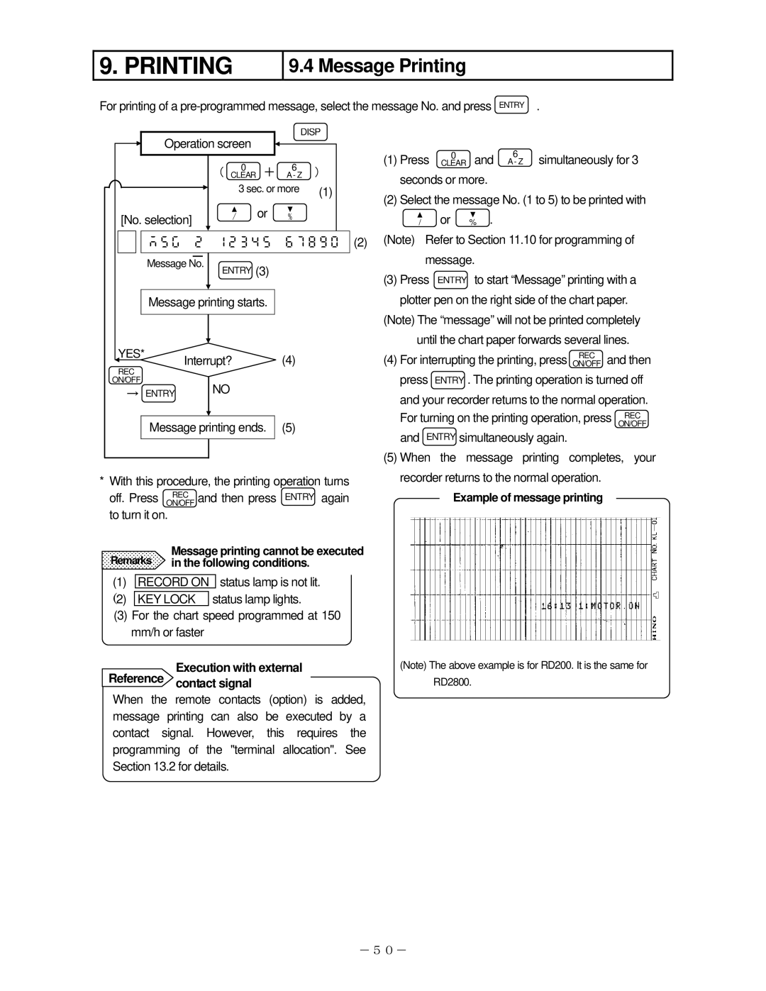 Omega RD200, RD2800 manual Message Printing, Execution with external Reference contact signal 