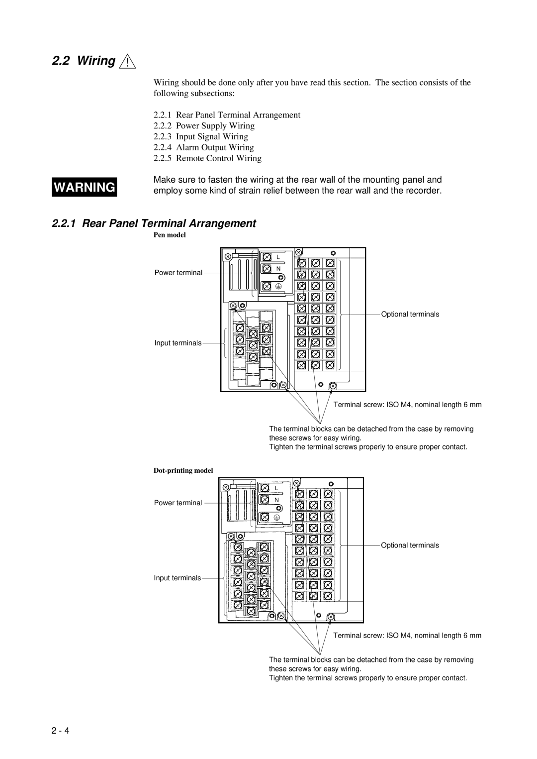 Omega RD260A instruction manual Wiring, Rear Panel Terminal Arrangement, Pen model, Dot-printing model 