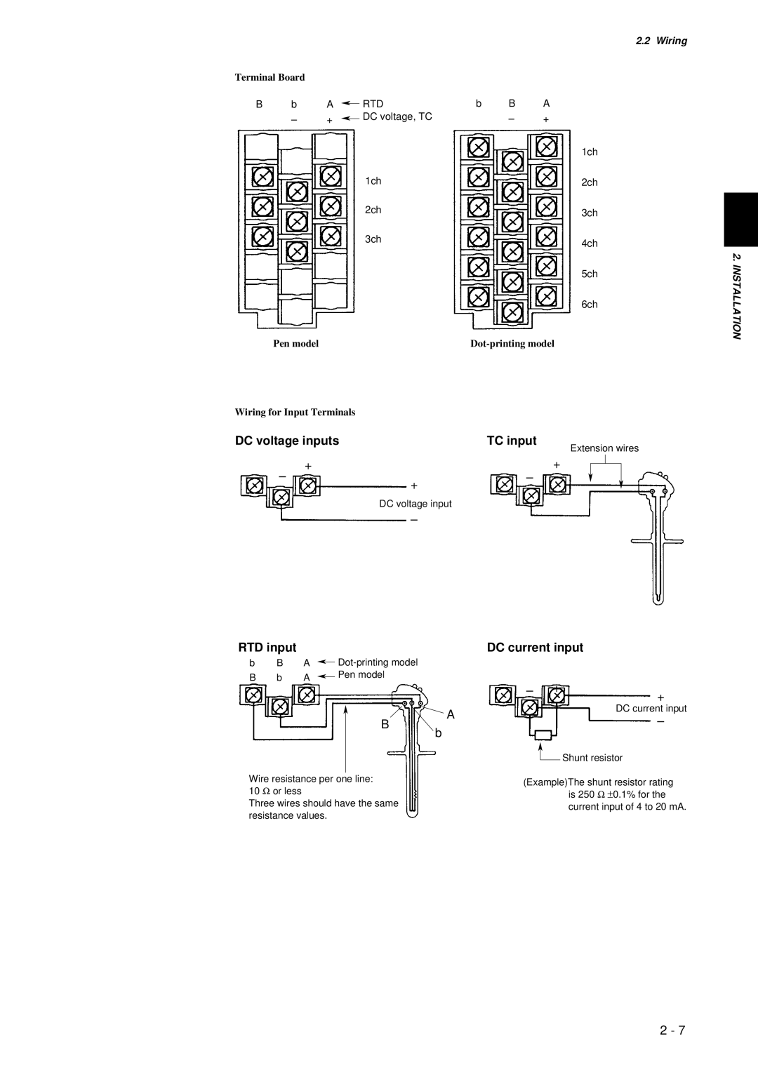 Omega RD260A instruction manual TC input, RTD input, Terminal Board, Wiring for Input Terminals 