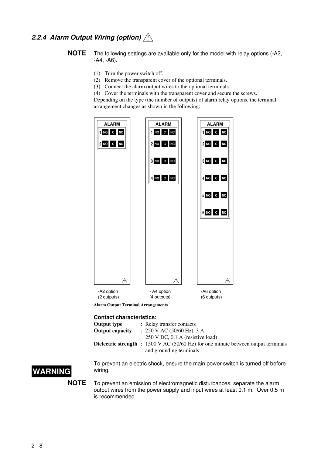 Omega RD260A Alarm Output Wiring option, Contact characteristics, Output type, Output capacity, Dielectric strength 