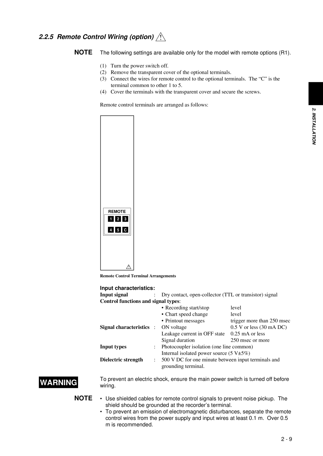 Omega RD260A instruction manual Remote Control Wiring option, Input characteristics 