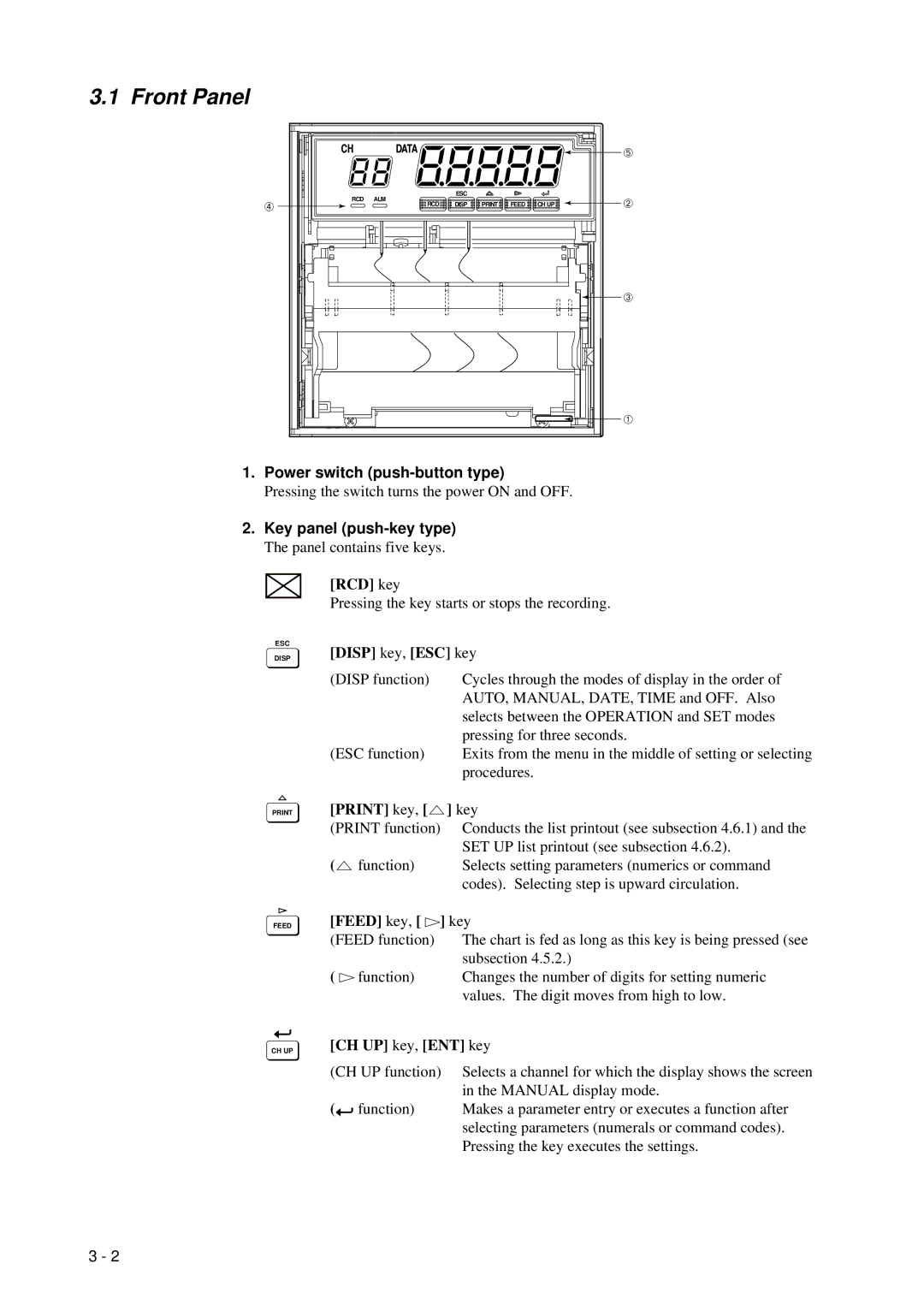 Omega RD260A instruction manual Front Panel, Power switch push-button type, Key panel push-key type 