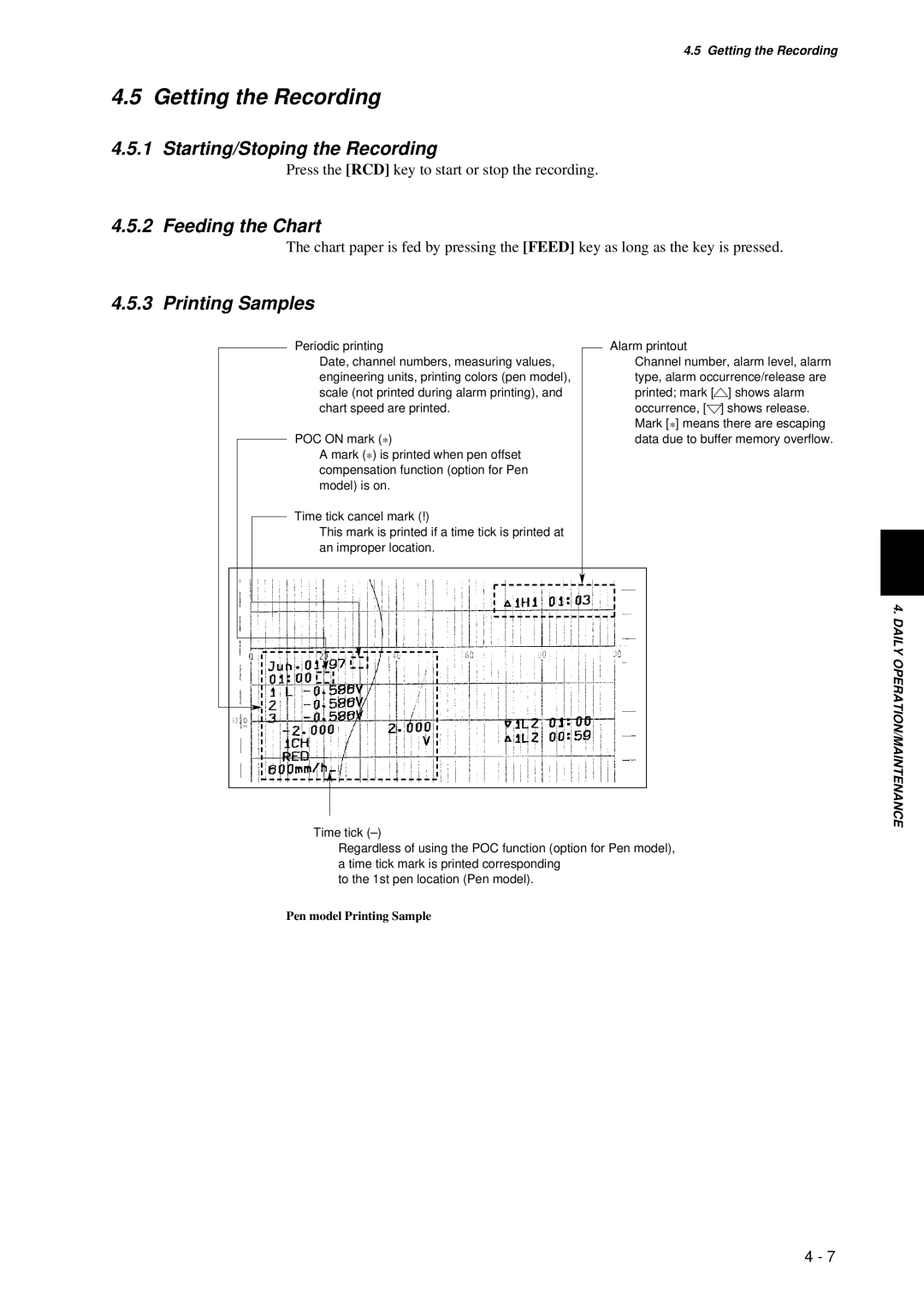 Omega RD260A instruction manual Getting the Recording, Starting/Stoping the Recording, Feeding the Chart, Printing Samples 