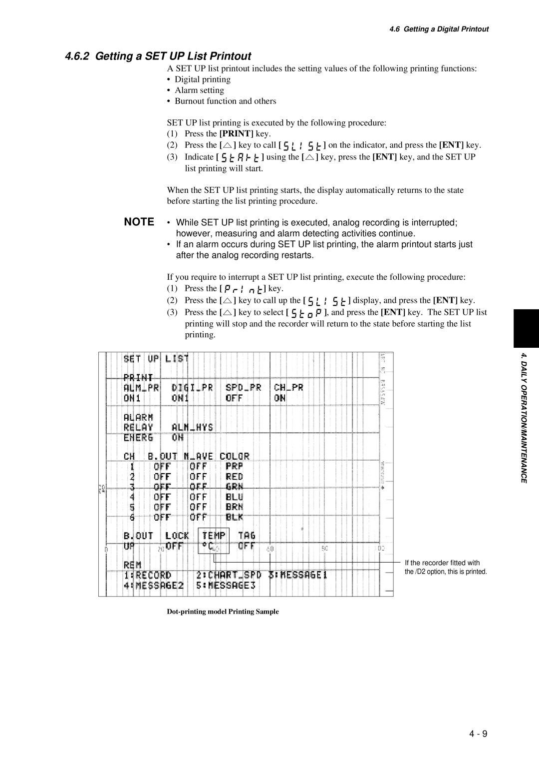 Omega RD260A instruction manual Getting a SET UP List Printout, Dot-printing model Printing Sample 