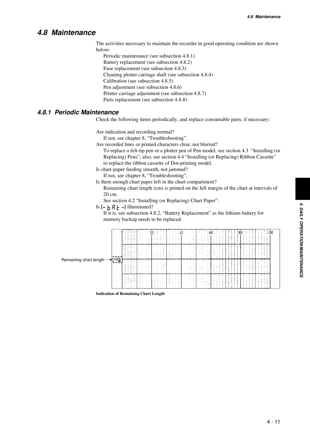 Omega RD260A instruction manual Periodic Maintenance, Indication of Remaining Chart Length 