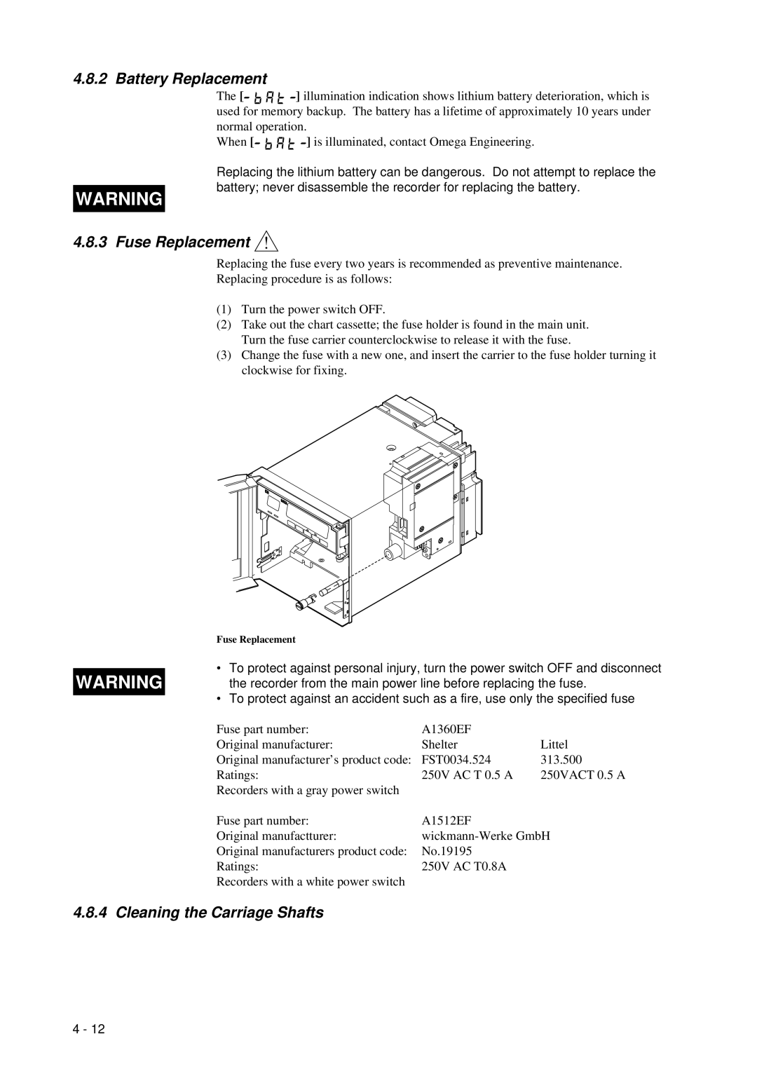 Omega RD260A instruction manual Battery Replacement, Fuse Replacement, Cleaning the Carriage Shafts 