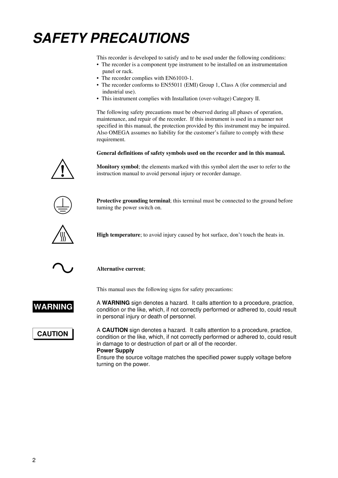 Omega RD260A instruction manual Alternative current, Power Supply 