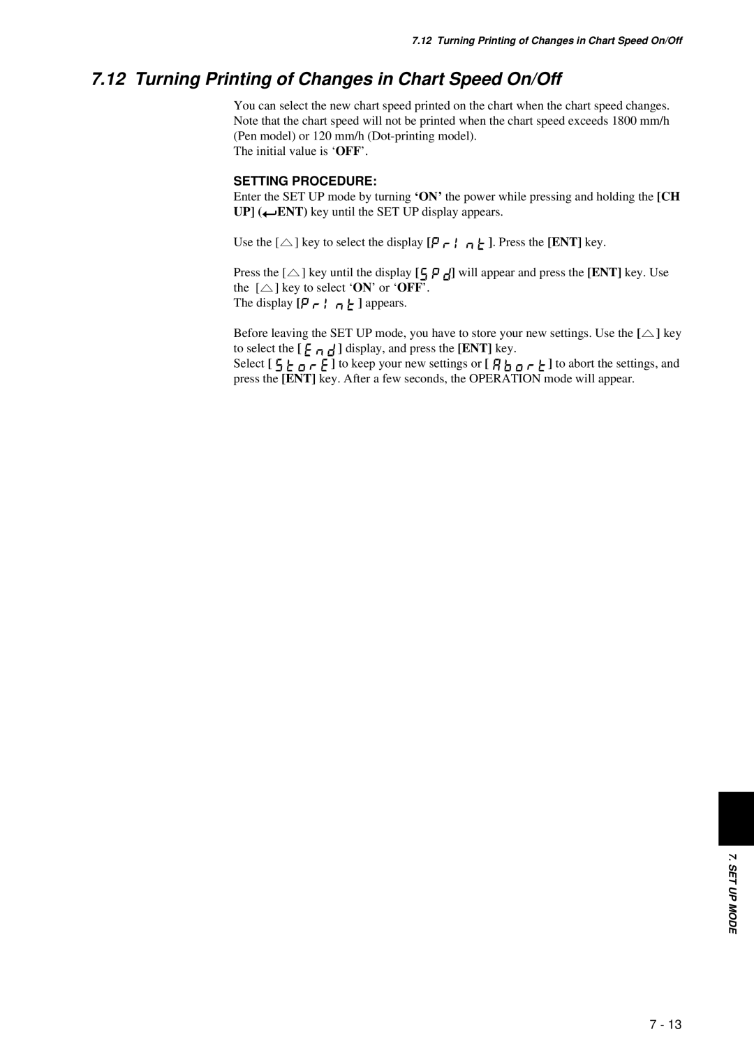 Omega RD260A instruction manual Turning Printing of Changes in Chart Speed On/Off, Setting Procedure 